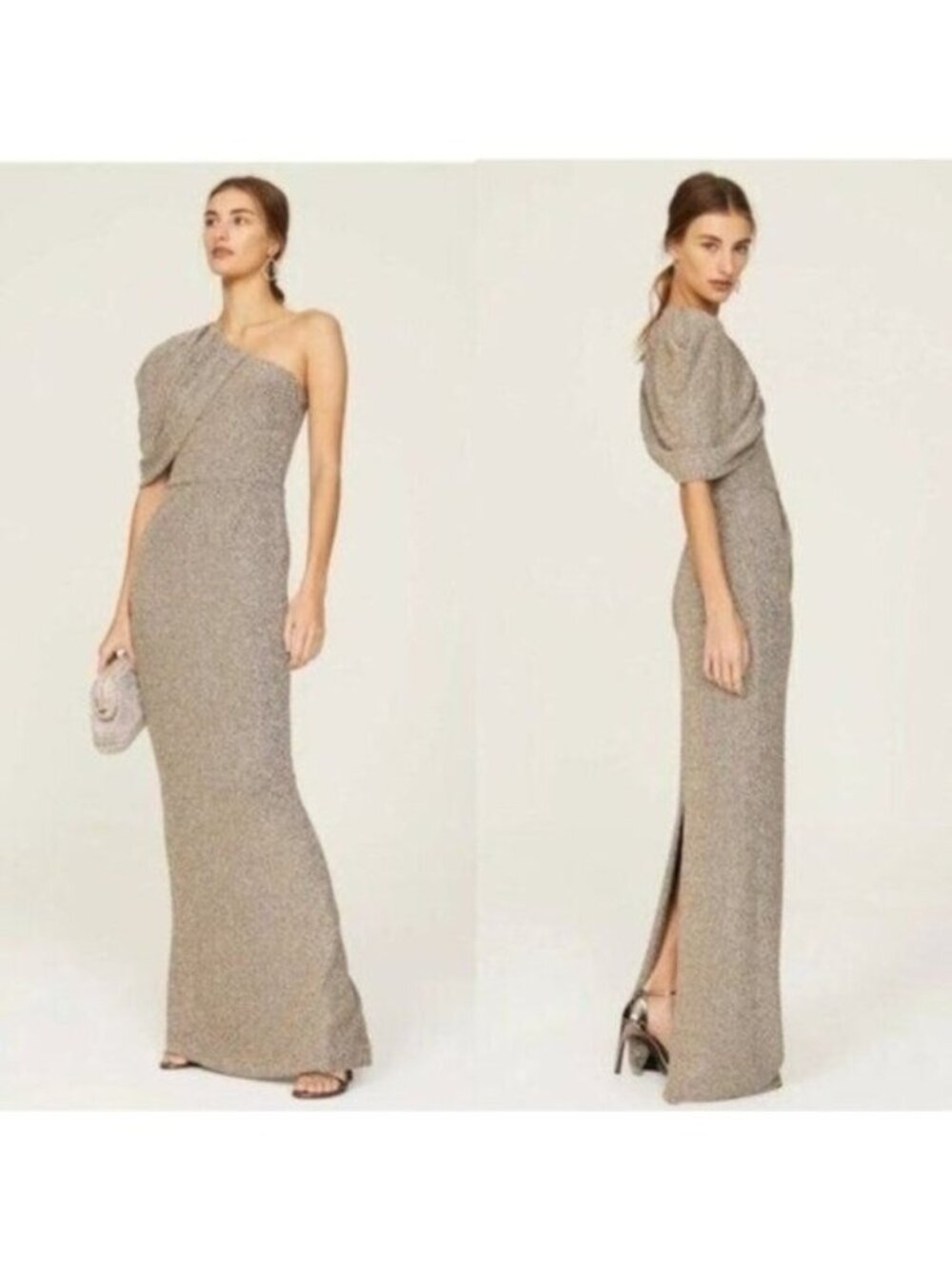 Black Halo EVE Egan One Shoulder Metallic Gown 0 Gold Luxe Long Stretch Pleated